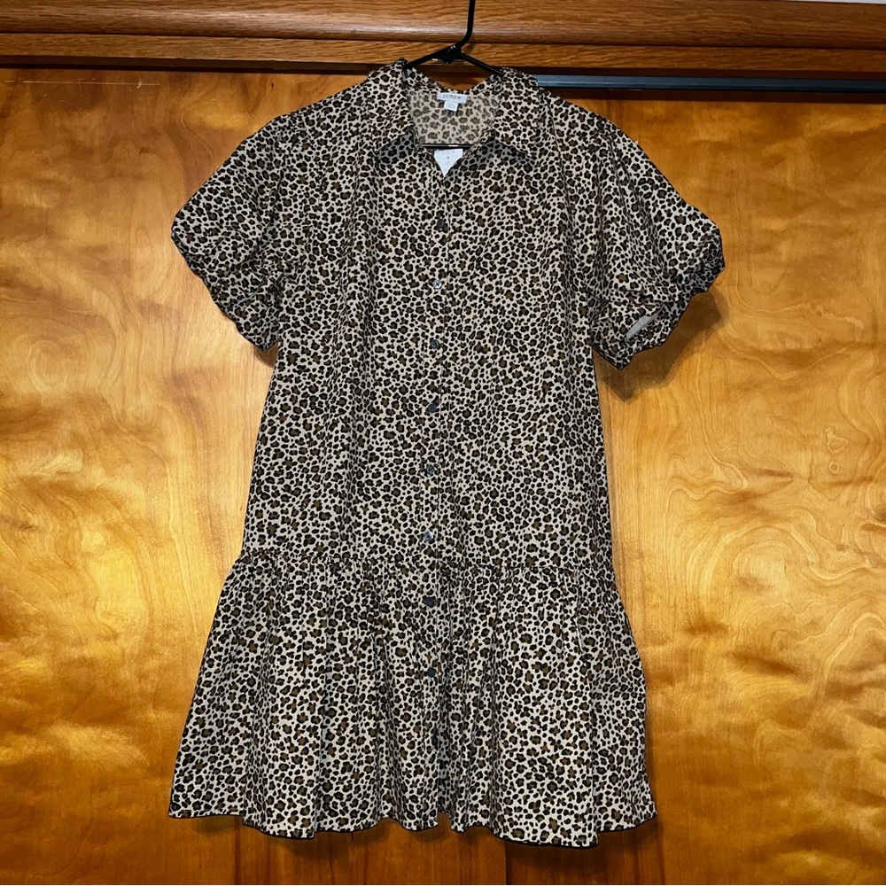 J. Crew Bubble Short Puff Sleeve Button Up Drop Waist Leopard Print Mini Dress